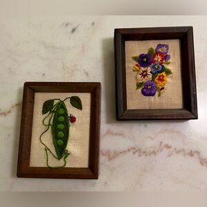 Set Of Two Vintage Style Hand Embroidered Floral On Linen Artwork In Wood Frames